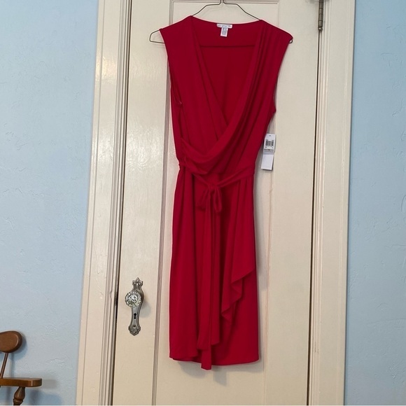 London Times Valentine’s Day Dress Soft Belted V-Neck Crossover Red Dress - Picture 2 of 9